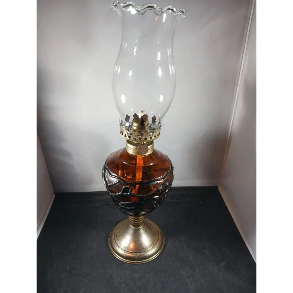 Vintage Large Amber Glass Oil Lamp